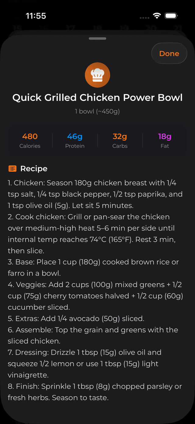 AI Chef recipe — Quick Grilled Chicken Power Bowl with exact gram measurements and macros